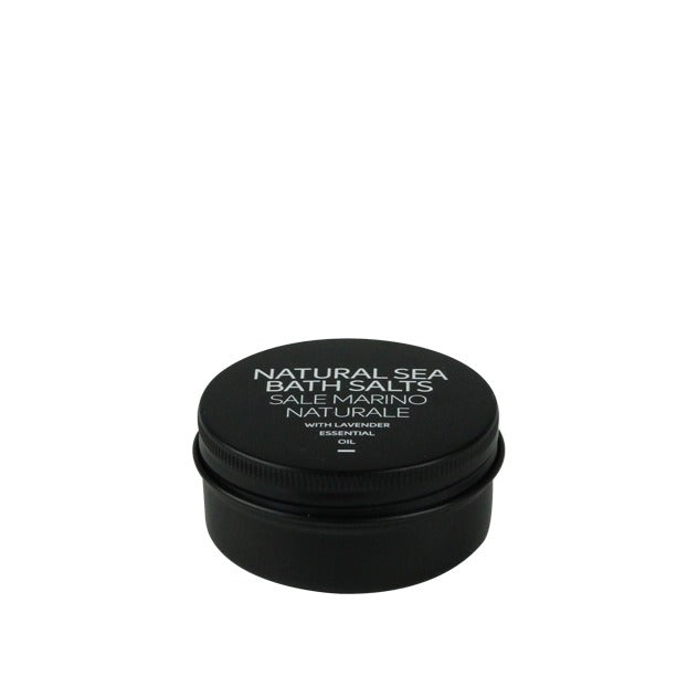 Vestige: natural sea salt in a black aluminum jar with lavender essential oil, 60 g